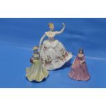 A ROYAL DOULTON FIGURINE "SHIRLEY", TOGETHER WITH A COALPORT FIGURNIE"KERRY" AND A LEAONARDO