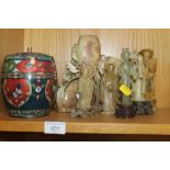 A COLLECTION OF ANTIQUE CHINESE SOAP STONE FIGURES PLUS ONE OTHER AND A CLOISONNE ENAMEL JAR