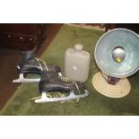 A RETRO THE BARBER POLYKYMATIC HEAT GENERATOR TOGETHER WITH A PAIR OF VINTAGE ICE SKATES ETC