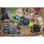 A TRAY OF ASSORTED GLASS PAPERWEIGHTS TO INCLUDE A TEAPOT ETC