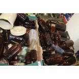 A COLLECTION OF VINTAGE BOTTLES MAINLY BROWN POISON TYPES, with glass stoppers and six sealed "Straw