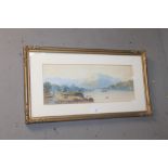 A FRAMED AND GLAZED WATERCOLOUR DEPICTING A MOUNTAINOUS SCENE