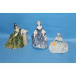 THREE ROYAL DOULTON FIGURINES TO INCLUDE "SECRET THOUGHTS", "DEBUTANTE" AND "HILARY"