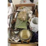 A TRAY OF CERAMICS TO INCLUDE LADIES EVENING BAG ETC