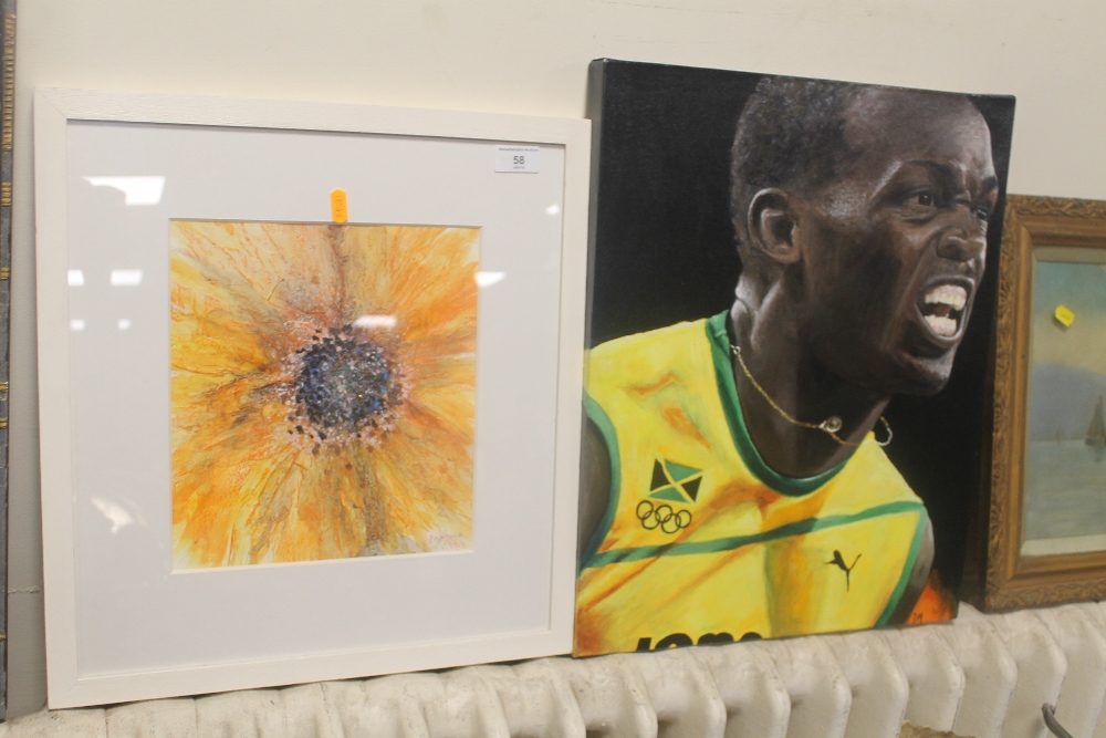 DEBBIE MURPHY A PORTRAIT OF USAIN BOLT TOGETHER WITH A MIXED MEDIA PAINTING