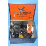 A VINTAGE BLUE BIRD TIN AND SMALL QUANTITY OF COLLECTABLES