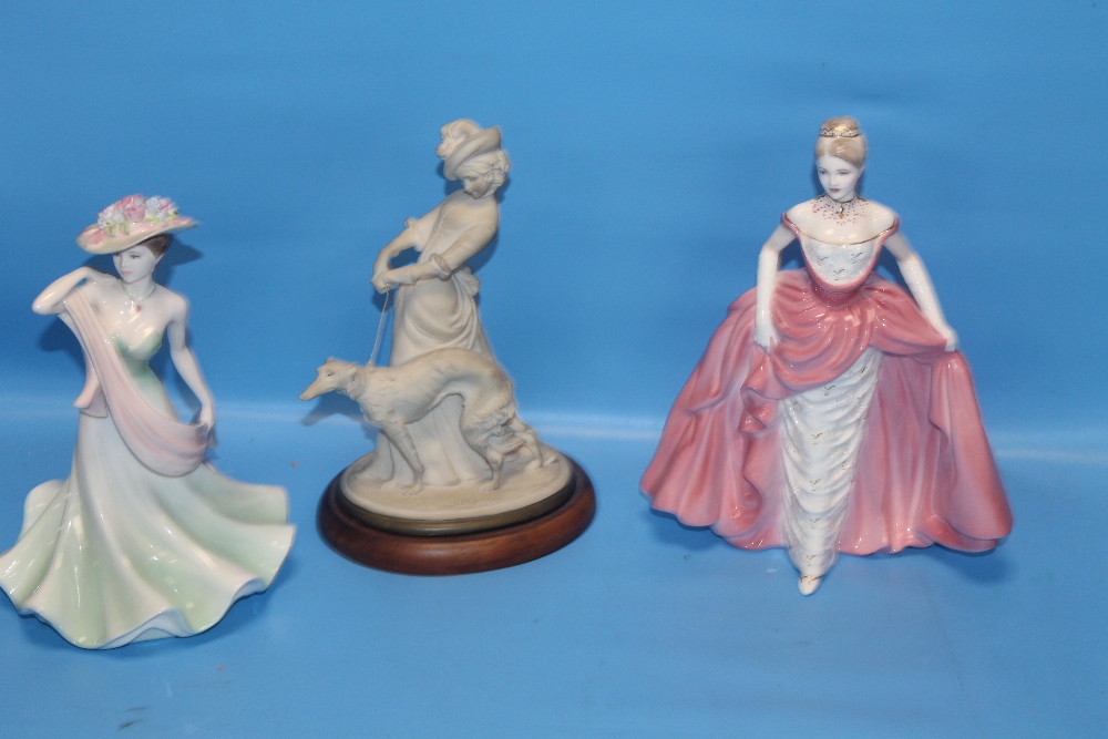 TWO COALPORT FIGURINES TO INCLUDE "MILLENNIUM DEBUT" AND "SUNNY DAYS" TOGETHER WITH ANOTHER FIGURE