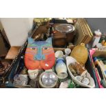 TWO TRAYS OF ASSORTED SUNDRIES TO INCLUDE BRASS CANDLESTICKS, CAT PLAQUE, COPPER WARMING PAN ETC