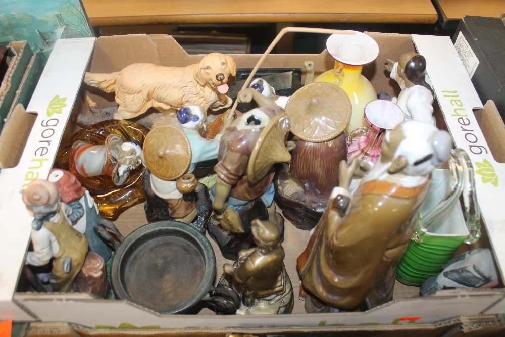 A TRAY OF CONTINENTAL STYLE FIGURES, ROYAL DOULTON DOG ETC