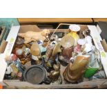 A TRAY OF CONTINENTAL STYLE FIGURES, ROYAL DOULTON DOG ETC