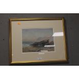 A FRAMED AND GLAZED WATERCOLOUR DEPICTING A COASTAL SCENE