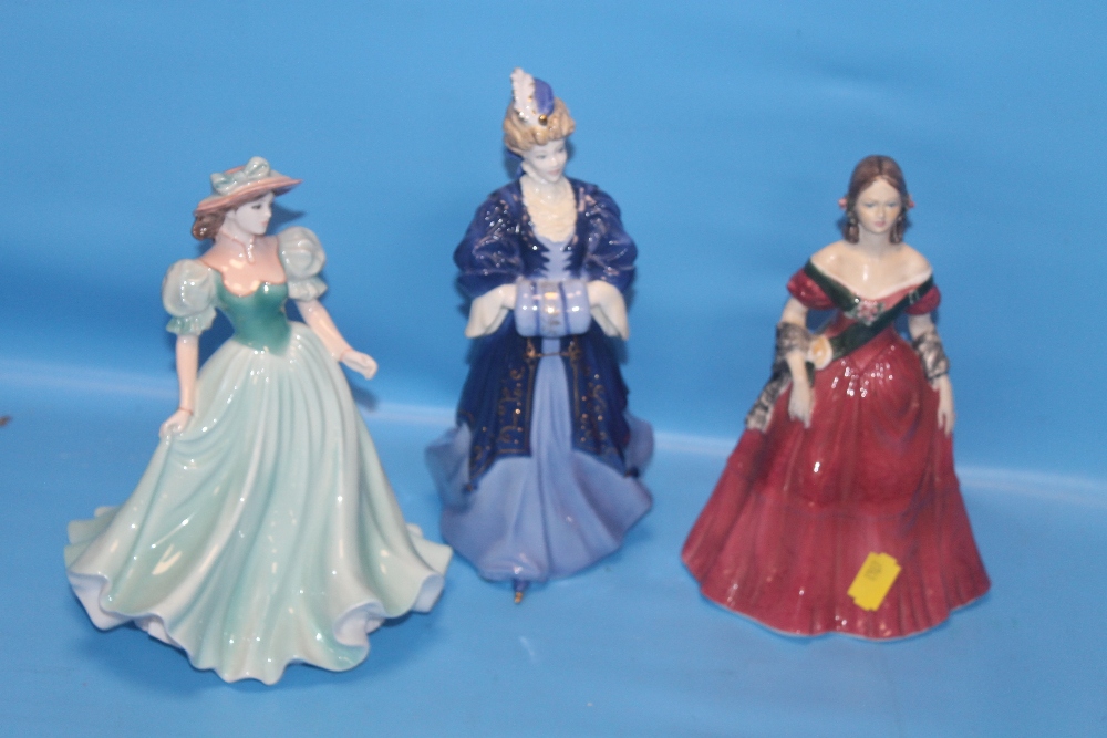 THREE COALPORT FIGURINES TO INCLUDE "LADY HARRIET", "THE YOUNG VICTORIA" AND "CATHLEEN"