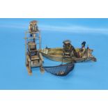 TWO ORIENTAL BONE FIGURES, FISHING BOAT AND WATER WHEEL