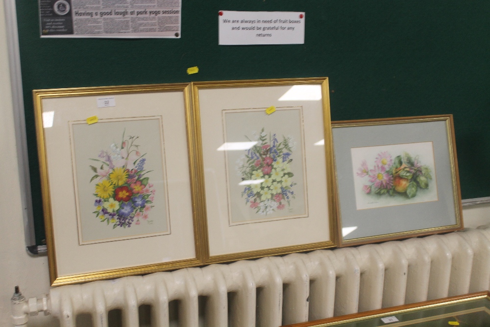 THREE STILL LIFE WATERCOLOURS BY FREDA COX AND ELIZABETH SALTER (EX ROYAL WORCESTER ARTIST)