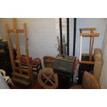 A LARGE QUANTITY OF ASSORTED ITEMS, TO INCLUDE - AN EASEL, TOOL BOXES, SPEAKERS ETC