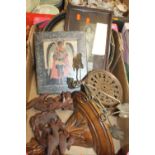 THREE ASSORTED PICTURES TOGETHER WITH TWO CARVED BIRD ORNAMENTS ETC