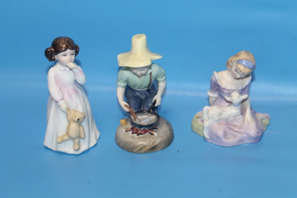 THREE ROYAL DOULTON FIGURES AND FIGURINES TO INCLUDE "RIVER BOY", "MARY HAD A LITTLE LAMB" AND "