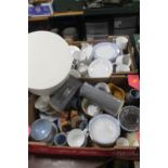 TWO TRAYS OF ASSORTED CERAMICS TO INCLUDE STONEWARE DENBY TOGETHER WITH A HAT BOX