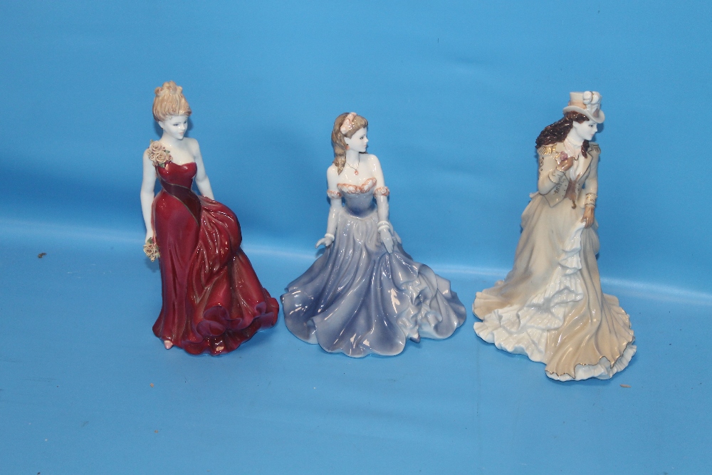 THREE COALPORT FIGURINES TO INCLUDE LINDA HELENA RIDING IN HYDE PARK AND FELICITY