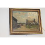 AN OIL ON CANVASS DEPICTING A FARM YARD SCENE SIGNED TO THE LOWER RIGHT