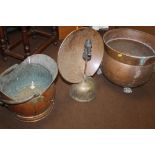 A LARGE COPPER COAL BUCKET RAISED ON CLAW FEET A/F, A COPPER COAL SCUTTLE AND VINTAGE COPPER