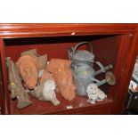 ASSORTED ORNAMENTS, A GALVANISED WATERING CAN ETC