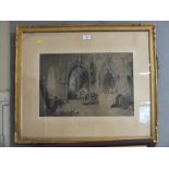 A GILT FRAMED AND GLAZED WATERCOLOUR DEPICTING CHURCH INTERIOR SCENE WITH FIGURES