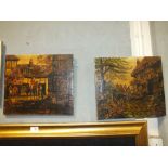 A PAIR OF VINTAGE UNFRAMED OIL ON CANVAS'S DEPICTING A HUNTSMAN ARRIVING HOME