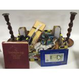 A BOX OF COLLECTABLES TO INCLUDE A VINTAGE STAMP ALBUM, NUT CRACKER, CIGARETTE CARDS ETC