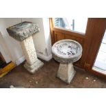 A STONE BIRD BATH WITH BIRD DETAIL TOGETHER WITH A BRICK EFFECT SUN DIAL