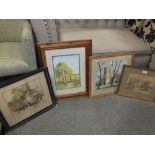 FOUR ASSORTED FRAMED AND GLAZED WATERCOLOURS TO INCLUDE A VINTAGE WOODLAND SCENE WITH DEER SIGNED