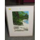 A FRAMED AND GLAZED SIGNED LIMITED EDITION BLOCK PRINT ENTITLED 'SECLUDED BEACH, TOBAGO' BY LOUISE