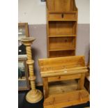 A PINE COFFEE TABLE, TORCHERE, BOOKCASE ETC (5)