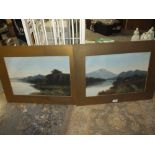 A PAIR OF UNFRAMED GILT MOUNTED OILS ON CARD DEPICTING MOUNTAINOUS LAKE SCENES