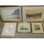 FIVE ASSORTED FRAMED AND GLAZED WATERCOLOURS TO INCLUDE PLOUGHING SCENE, BEACH SCENE ETC