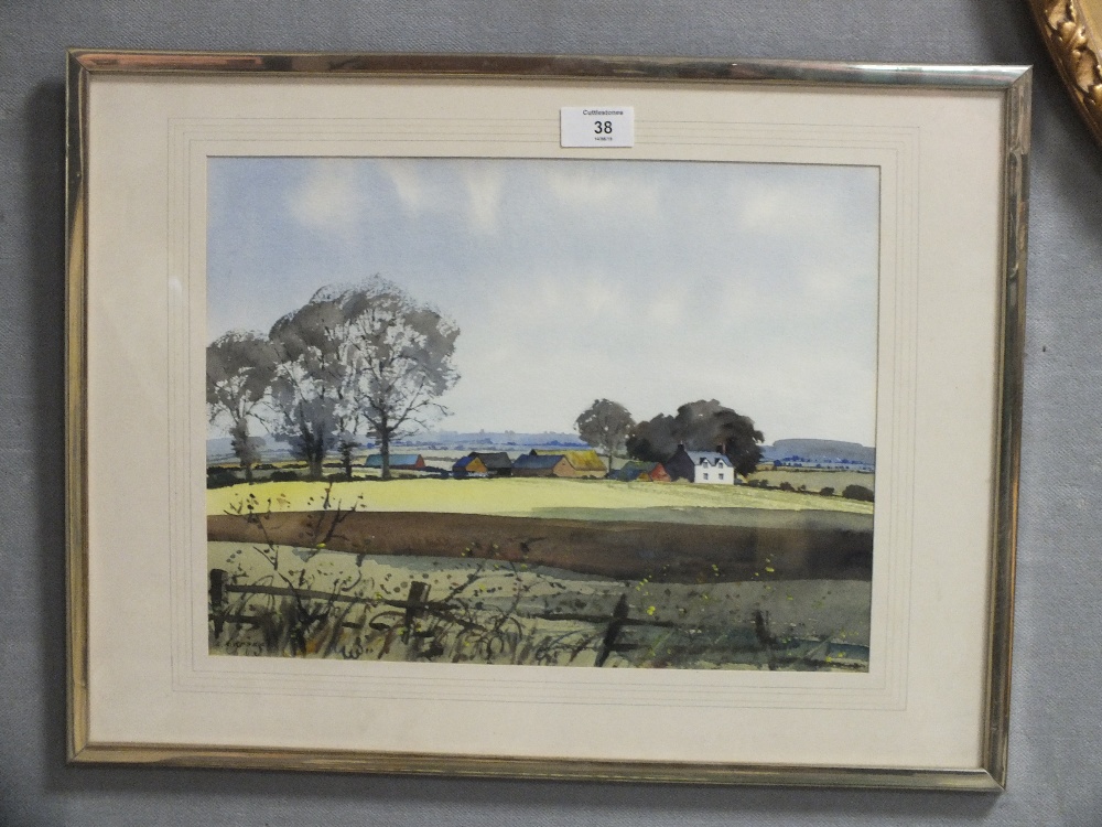 A FRAMED AND GLAZED WATERCOLOUR ENTITLED NORTHAMPTONSHIRE LANDSCAPE BY E R ROBERTS