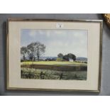 A FRAMED AND GLAZED WATERCOLOUR ENTITLED NORTHAMPTONSHIRE LANDSCAPE BY E R ROBERTS