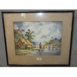 A FRAMED AND GLAZED AFRICAN STYLE WATERCOLOUR DEPICTING FIGURES CROSSING THE RIVER SIGNED U BA SAN