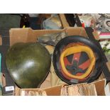 TWO 1980S ERA ARMY HELMETS TOGETHER WITH A SATCHEL ETC.