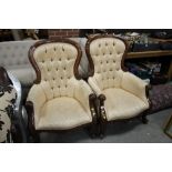 A PAIR OF REPRODUCTION MAHOGANY UPHOLSTERED ARMCHAIRS (2)