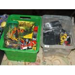 TWO BOXES OF TOY CARS, DINOSAURS ETC