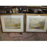 A PAIR OF GILT FRAMED AND GLAZED WATERCOLOURS DEPICTING MOUNTAINOUS LAKE SCENES WITH CATTLE AND