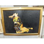 A MODERN GILT FRAMED OIL ON CANVAS DEPICTING A SEATED ORIENTAL LADY