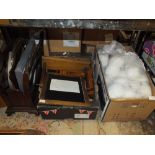 A BOX OF WOOL TOGETHER WITH A TRAY OF TREEN TO INCLUDE A MAGAZINE RACK, SWING MIRROR ETC