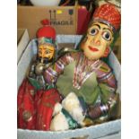 A BOX OF VINTAGE AND MODERN AND SOFT TOYS TON INCLUDE EASTERN STYLE PUPPETS
