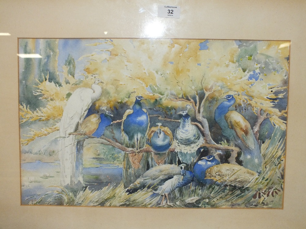 A FRAME AND GLAZED WATERCOLOUR DEPICTING PEACOCKS SIGNED S H GODBOLE