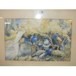 A FRAME AND GLAZED WATERCOLOUR DEPICTING PEACOCKS SIGNED S H GODBOLE