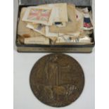 A BRONZE DEATH PLAQUE AWARDED TO HARRY THOMAS TOGETHER WITH A BOX OF MILITARY SILKS CIGARETTE CARDS