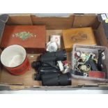 A TRAY OF COLLECTABLES TO INCLUDE WRISTWATCHES, BINOCULARS ETC