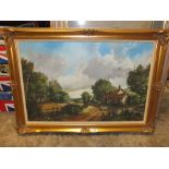 A GILT FRAMED OIL ON CANVAS DEPICTING A RUSTIC VILLAGE SCENE WITH SHEEP'S SIGNED MICHAEL H WARD